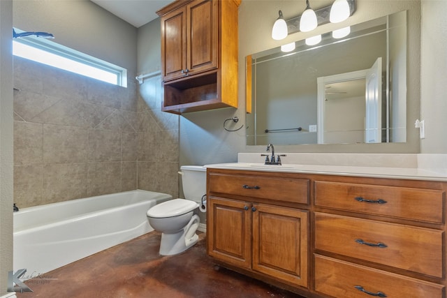 full bathroom with concrete flooring, shower / tub combination, vanity, and toilet