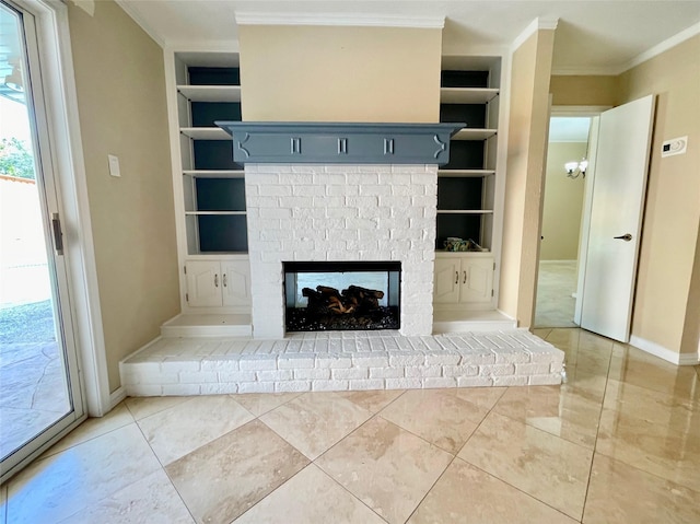 unfurnished living room with tile patterned floors, a fireplace, built in features, and ornamental molding