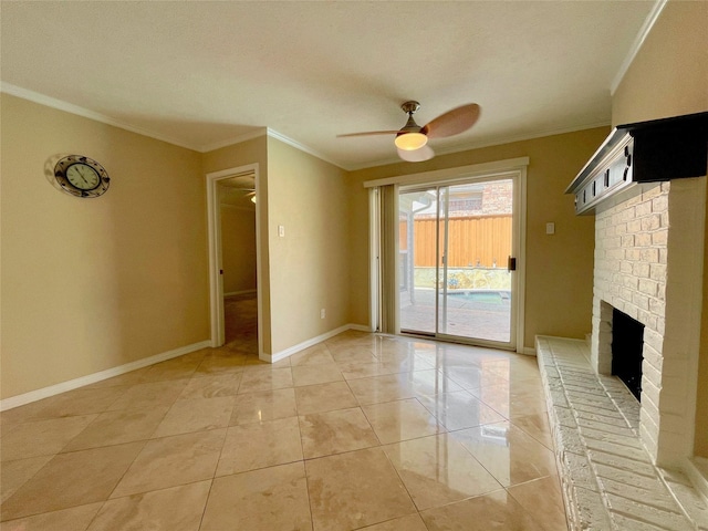 unfurnished living room featuring tile patterned flooring, a brick fireplace, ceiling fan, and ornamental molding