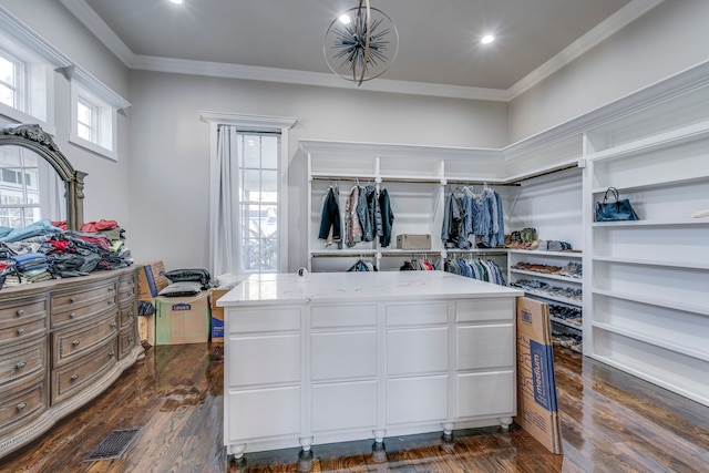 walk in closet with dark wood-type flooring