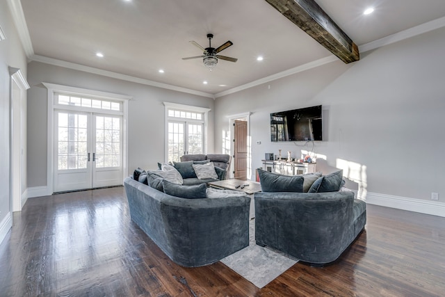 living room with french doors, ornamental molding, ceiling fan, beam ceiling, and dark hardwood / wood-style floors