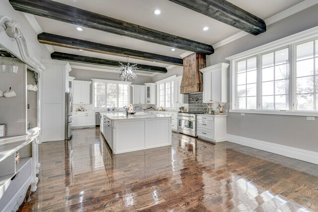 kitchen with white cabinets and dark hardwood / wood-style floors