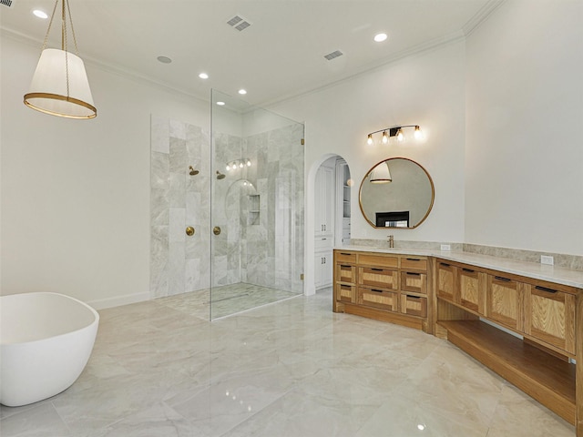 bathroom featuring vanity, separate shower and tub, and crown molding