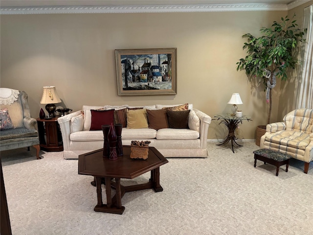 carpeted living room with crown molding