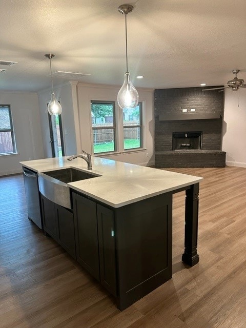 kitchen featuring stainless steel dishwasher, wood-type flooring, and hanging light fixtures