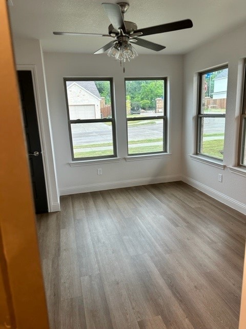 empty room featuring ceiling fan, light hardwood / wood-style flooring, and a healthy amount of sunlight