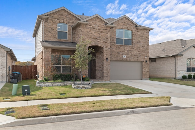 front facade with cooling unit, a garage, and a front yard