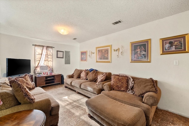 living room featuring electric panel and a textured ceiling