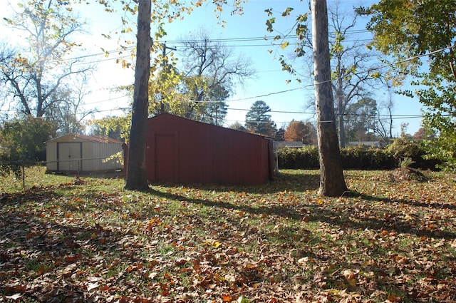 view of yard featuring a storage unit