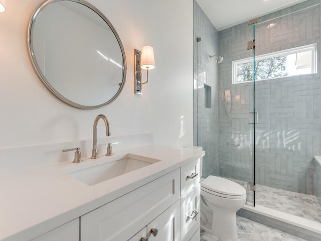 bathroom with vanity, toilet, and an enclosed shower