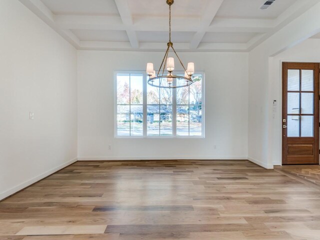 unfurnished dining area with beam ceiling, a chandelier, coffered ceiling, and light wood-type flooring