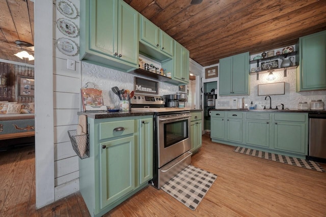 kitchen featuring stainless steel appliances, green cabinetry, and wood ceiling