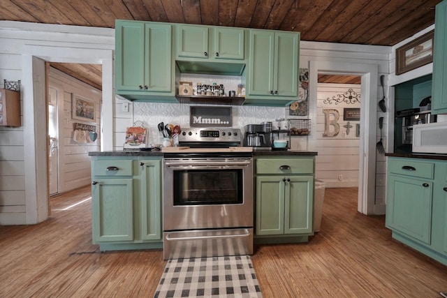 kitchen featuring wood walls, electric stove, wood ceiling, and green cabinetry