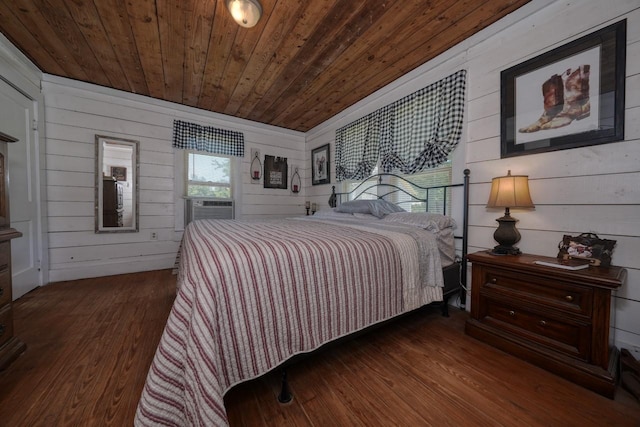 bedroom featuring dark hardwood / wood-style floors, wood walls, wooden ceiling, and cooling unit