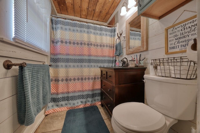 bathroom with a shower with curtain, vanity, toilet, and wood ceiling