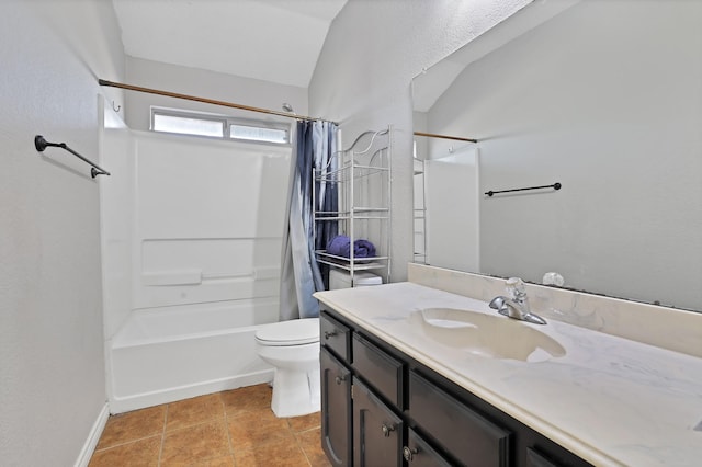 full bathroom with vanity, shower / tub combo, and toilet