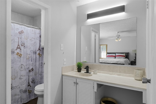 bathroom with vanity, a textured ceiling, and toilet