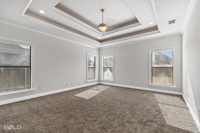 empty room with crown molding, carpet floors, and a tray ceiling