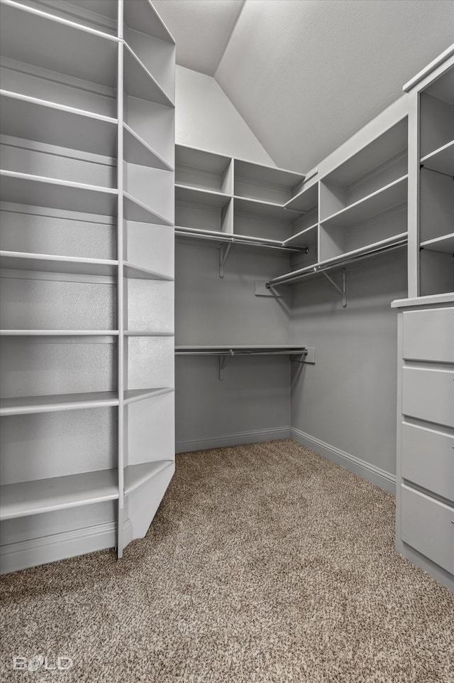 walk in closet featuring carpet flooring and vaulted ceiling