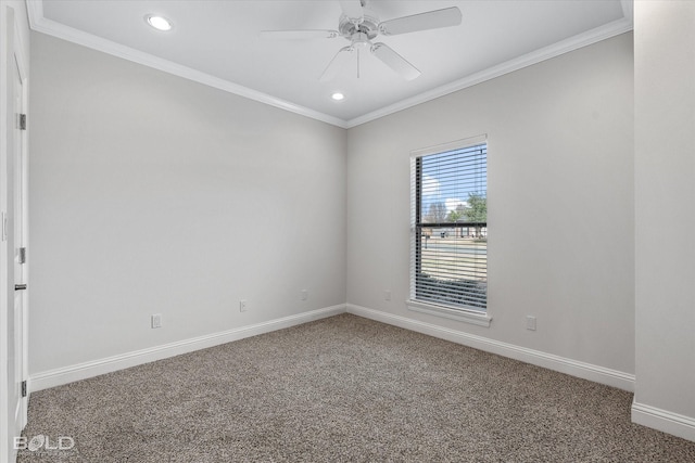 empty room featuring carpet flooring, ceiling fan, and ornamental molding