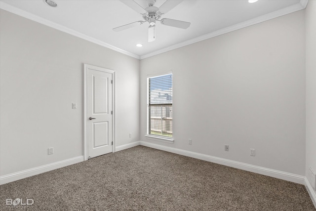 spare room with carpet flooring, ceiling fan, and ornamental molding