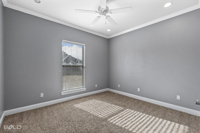 unfurnished room with carpet floors, crown molding, and ceiling fan