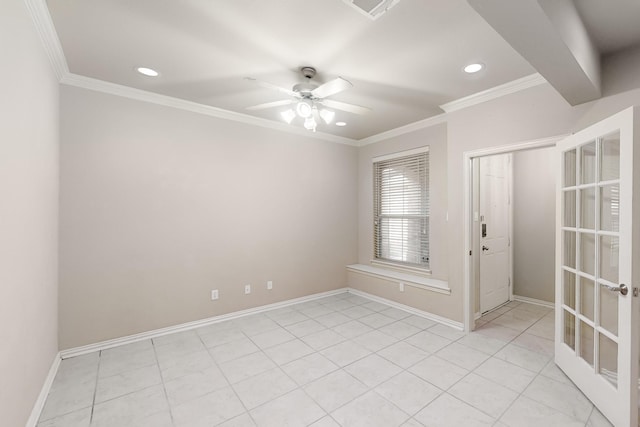 empty room with ceiling fan and crown molding