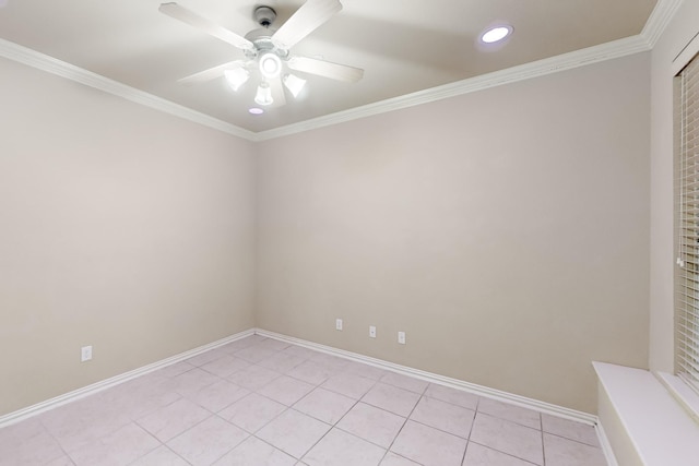 empty room featuring ceiling fan, light tile patterned flooring, and ornamental molding