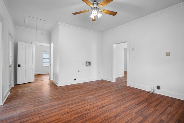 empty room with dark wood-type flooring, ceiling fan, and crown molding