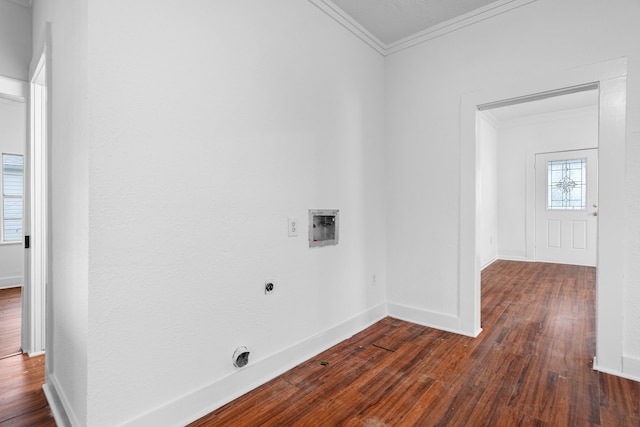 laundry room with hookup for an electric dryer, ornamental molding, dark wood-type flooring, and hookup for a washing machine