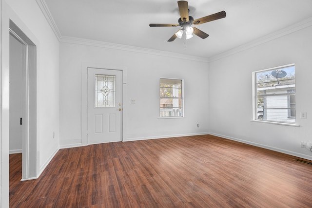 foyer featuring crown molding, ceiling fan, and dark hardwood / wood-style flooring