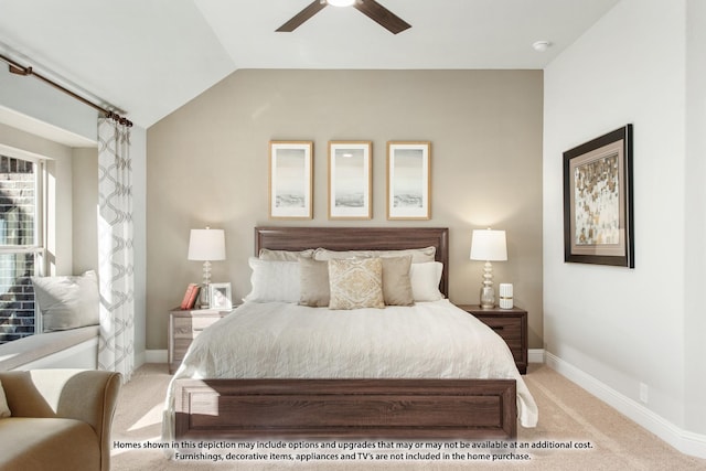 bedroom with light colored carpet, vaulted ceiling, and ceiling fan