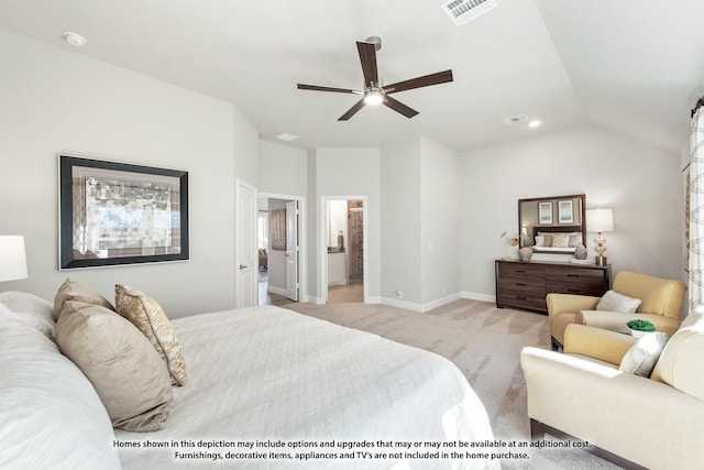 bedroom featuring connected bathroom, light carpet, ceiling fan, and vaulted ceiling