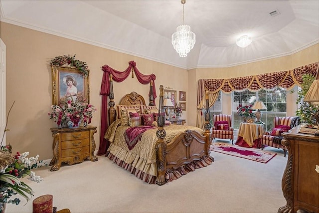 carpeted bedroom with crown molding, a tray ceiling, and a chandelier