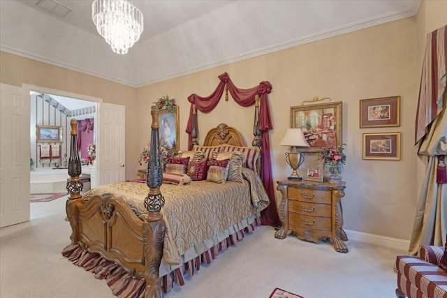 carpeted bedroom with ornamental molding and an inviting chandelier