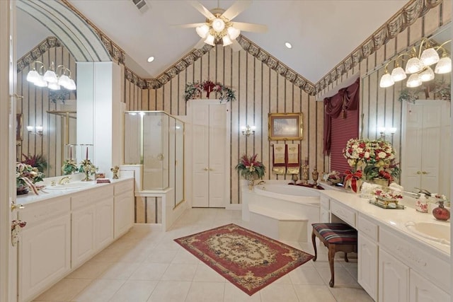 bathroom with vanity, lofted ceiling, tile patterned floors, ceiling fan, and shower with separate bathtub