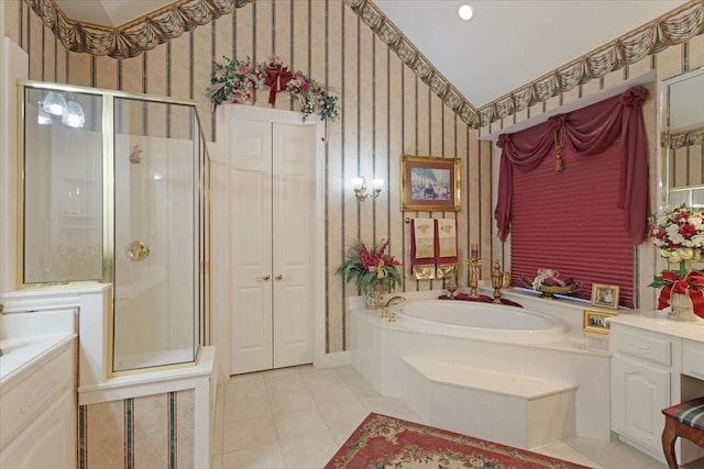 1305 Bentbrook Ln, Sherman, TX 75092 - full bathroom with a garden tub, a stall shower, tile patterned floors, and wallpapered walls