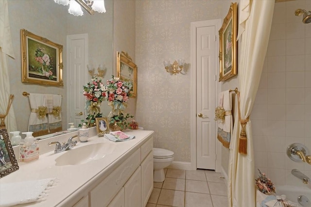 full bathroom featuring vanity, tile patterned flooring, toilet, shower / bath combo with shower curtain, and a chandelier