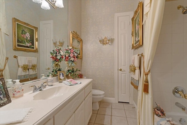1305 Bentbrook Ln, Sherman, TX 75092 - full bathroom featuring tile patterned floors, vanity, wallpapered walls, and shower / bath combination with curtain