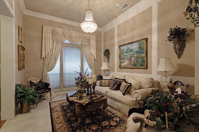 1305 Bentbrook Ln, Sherman, TX 75092 - living area featuring carpet, a chandelier, and crown molding