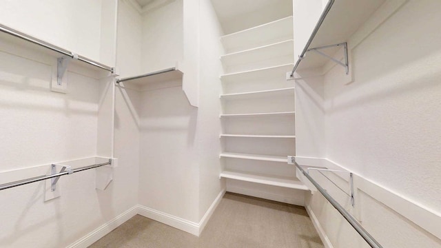 walk in closet featuring light colored carpet