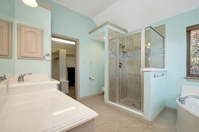 full bathroom with lofted ceiling, tile patterned flooring, vanity, plus walk in shower, and toilet