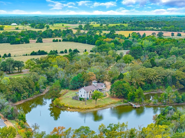 bird's eye view featuring a rural view and a water view