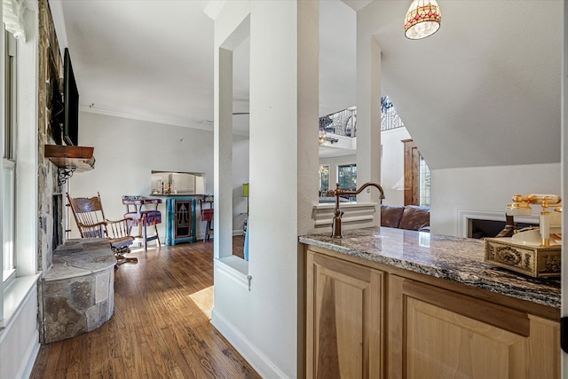 bar featuring stone counters, light brown cabinetry, dark wood-type flooring, and ornamental molding