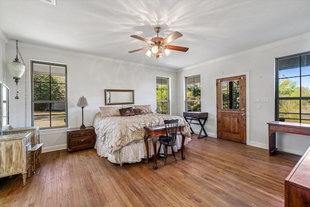 bedroom featuring multiple windows, ceiling fan, and dark hardwood / wood-style floors