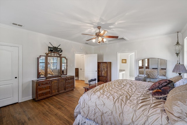 bedroom with ceiling fan, crown molding, and wood-type flooring