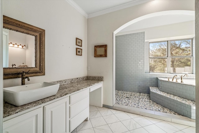 bathroom featuring crown molding, tile patterned flooring, vanity, and plus walk in shower