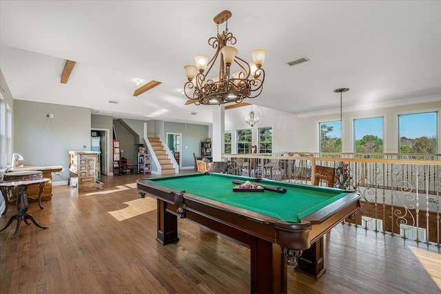 recreation room with crown molding, billiards, a chandelier, and hardwood / wood-style flooring