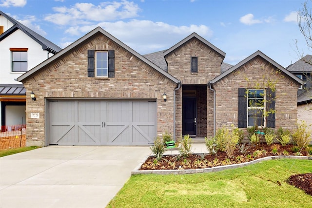 7220 Monarch Trl, Mckinney, TX 75071 - view of front of property with driveway, brick siding, a garage, a front yard, and a shingled roof