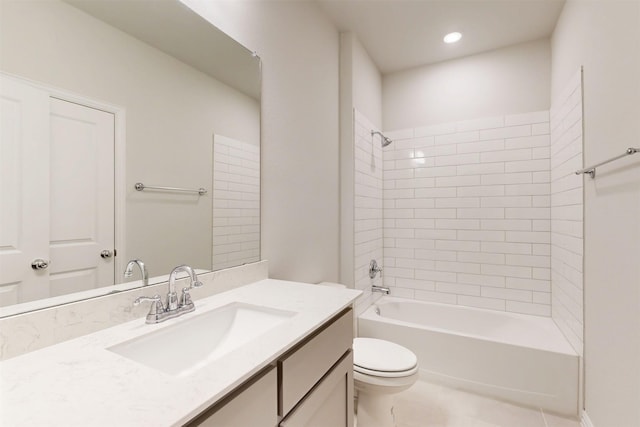 7220 Monarch Trl, Mckinney, TX 75071 - full bath featuring vanity, toilet, shower / tub combination, tile patterned floors, and recessed lighting